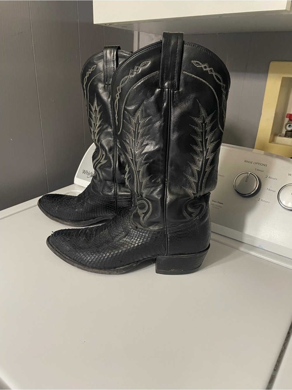 Tony Lama Black Embossed Leather Cowboy Boots with Stitch Detailing